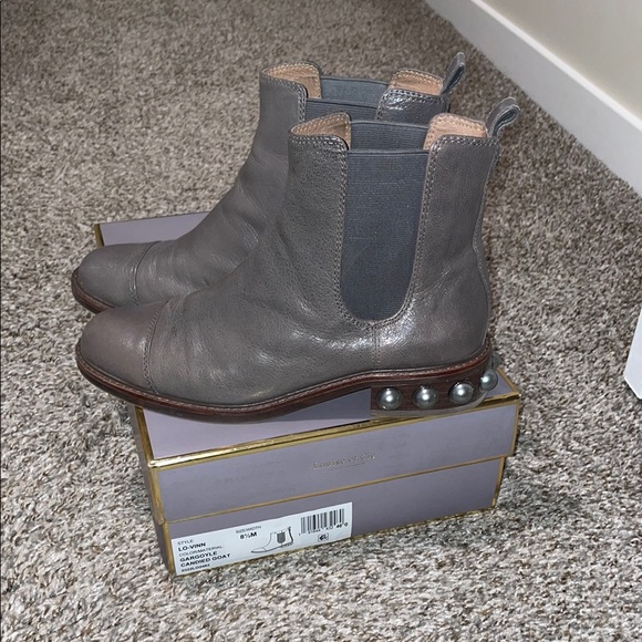 Shiny Gray Leather Ankle Boots w/ Pearls - Picture 2 of 6